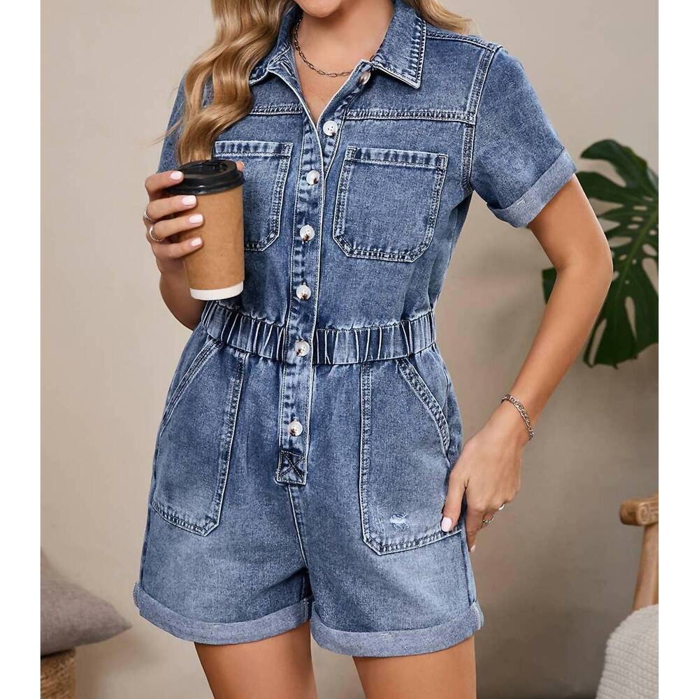 NEW AAPPARELLA short sleeve denim button front romper in blue